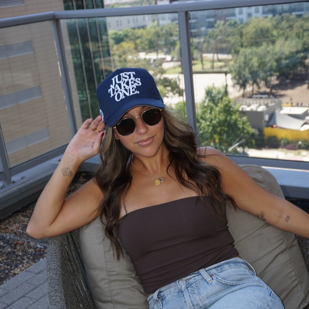 Girl wearing Just Takes One Snapback Hat Navy